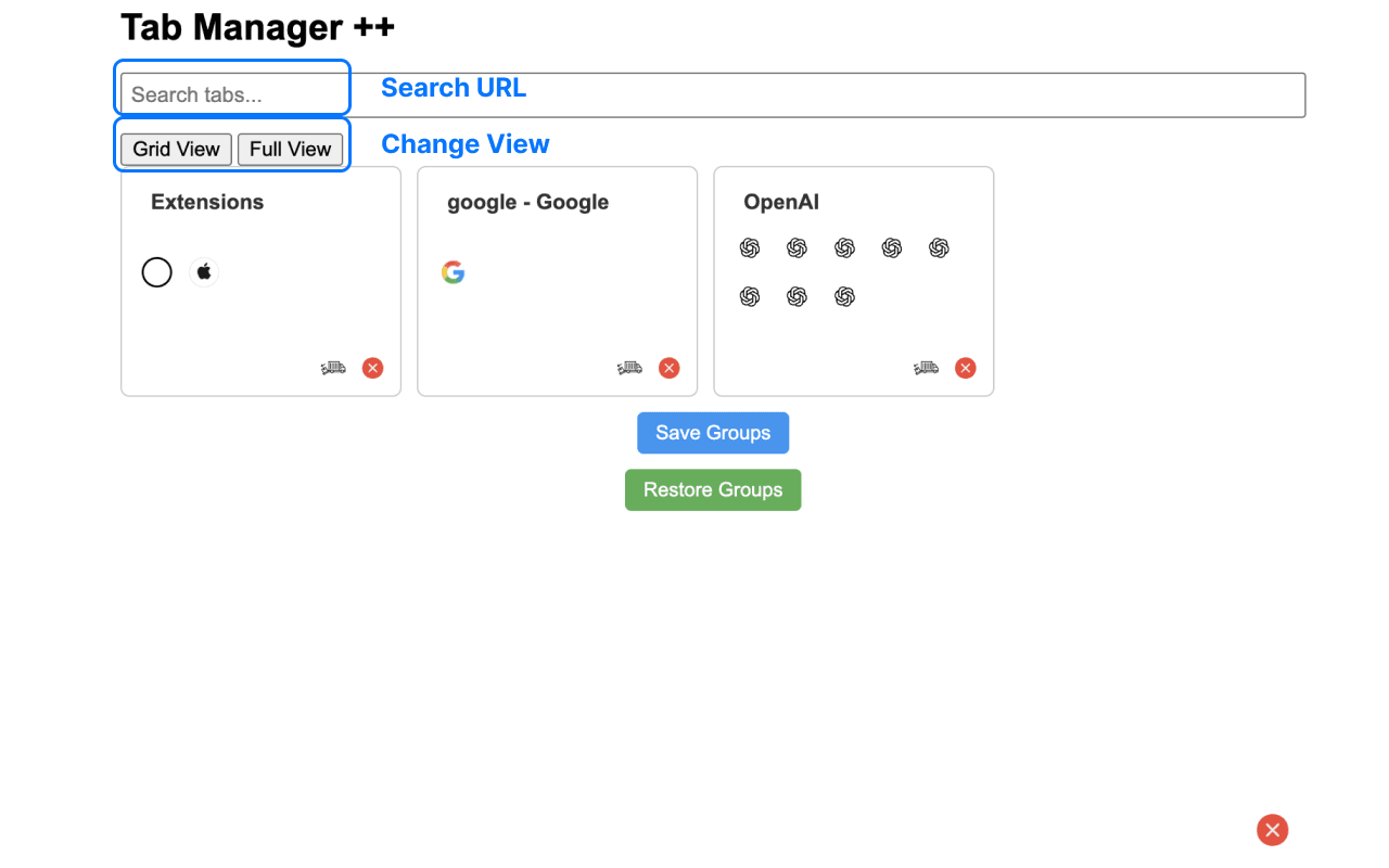 Tab Manager++ search and different view options