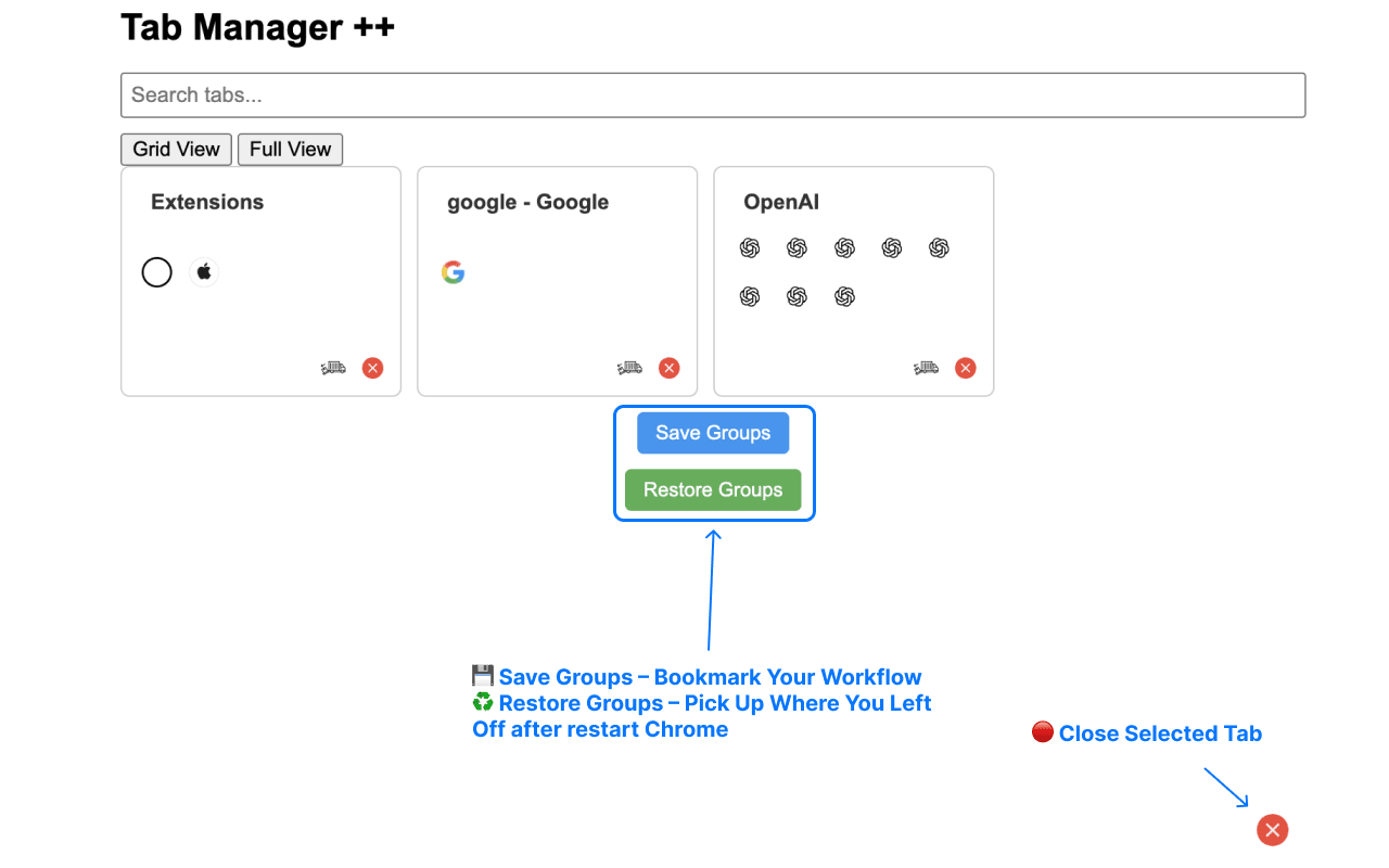 Tab Manager++ save and restore tab groups